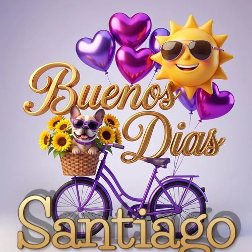 Bicicleta morada con cesta de girasoles y perrito, globos corazón, sol sonriente, nombre grande dorado abajo. Nombre personalizado: Santiago.