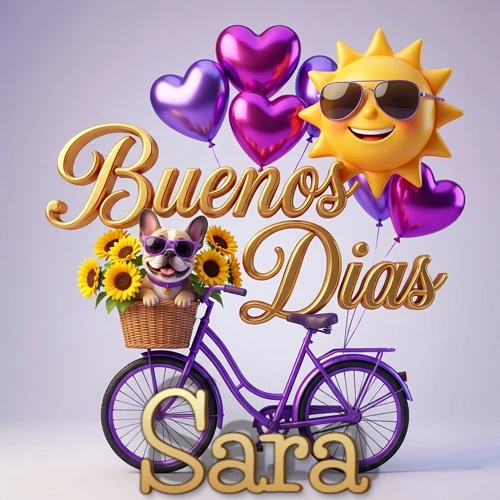 Bicicleta morada con cesta de girasoles y perrito, globos corazón, sol sonriente, nombre grande dorado abajo. Nombre personalizado: Sara. Bicicleta morada con cesta de girasoles y perrito, globos corazón, sol sonriente, nombre grande dorado abajo. Nombre personalizado: Sara.