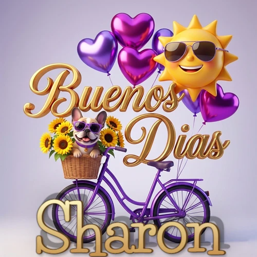 Bicicleta morada con cesta de girasoles y perrito, globos corazón, sol sonriente, nombre grande dorado abajo. Nombre personalizado: Sharon.