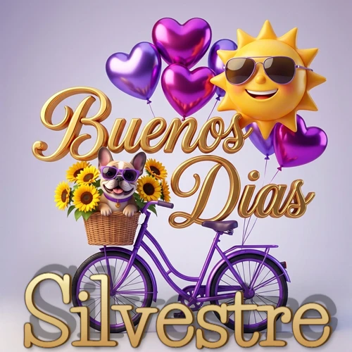 Bicicleta morada con cesta de girasoles y perrito, globos corazón, sol sonriente, nombre grande dorado abajo. Nombre personalizado: Silvestre. Bicicleta morada con cesta de girasoles y perrito, globos corazón, sol sonriente, nombre grande dorado abajo. Nombre personalizado: Silvestre.
