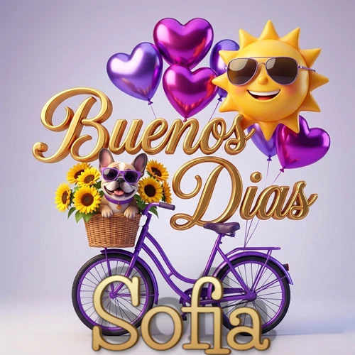 Bicicleta morada con cesta de girasoles y perrito, globos corazón, sol sonriente, nombre grande dorado abajo. Nombre personalizado: Sofia. Bicicleta morada con cesta de girasoles y perrito, globos corazón, sol sonriente, nombre grande dorado abajo. Nombre personalizado: Sofia.