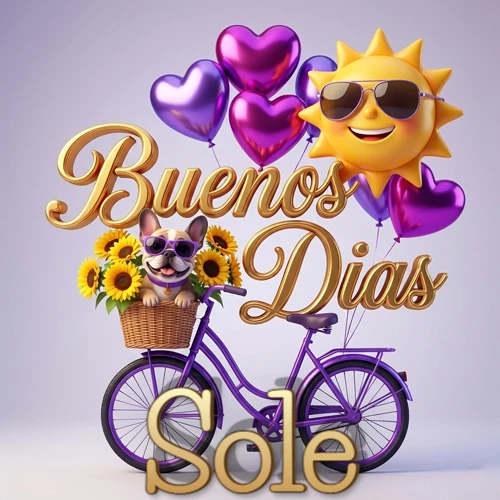 Bicicleta morada con cesta de girasoles y perrito, globos corazón, sol sonriente, nombre grande dorado abajo. Nombre personalizado: Sole.