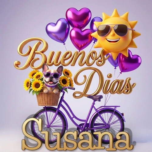 Bicicleta morada con cesta de girasoles y perrito, globos corazón, sol sonriente, nombre grande dorado abajo. Nombre personalizado: Susana. Bicicleta morada con cesta de girasoles y perrito, globos corazón, sol sonriente, nombre grande dorado abajo. Nombre personalizado: Susana.