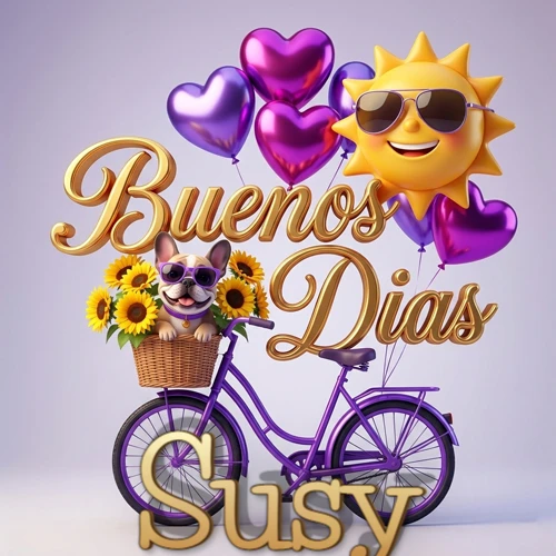 Bicicleta morada con cesta de girasoles y perrito, globos corazón, sol sonriente, nombre grande dorado abajo. Nombre personalizado: Susy.