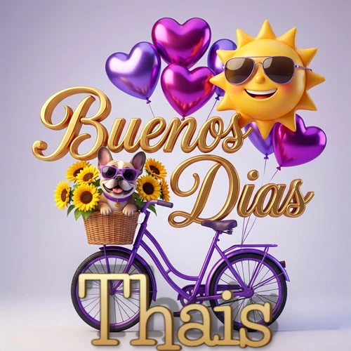 Bicicleta morada con cesta de girasoles y perrito, globos corazón, sol sonriente, nombre grande dorado abajo. Nombre personalizado: Thais.
