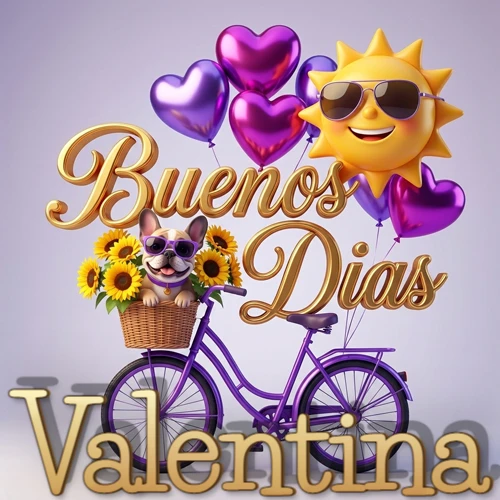 Bicicleta morada con cesta de girasoles y perrito, globos corazón, sol sonriente, nombre grande dorado abajo. Nombre personalizado: Valentina. Bicicleta morada con cesta de girasoles y perrito, globos corazón, sol sonriente, nombre grande dorado abajo. Nombre personalizado: Valentina.