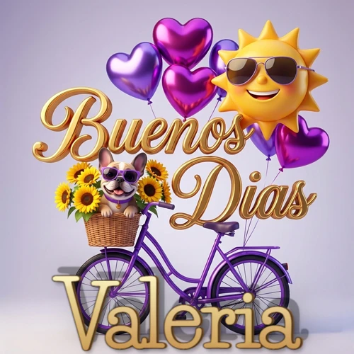 Bicicleta morada con cesta de girasoles y perrito, globos corazón, sol sonriente, nombre grande dorado abajo. Nombre personalizado: Valeria.