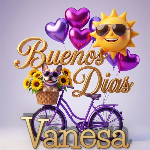 Bicicleta morada con cesta de girasoles y perrito, globos corazón, sol sonriente, nombre grande dorado abajo. Nombre personalizado: Vanesa.