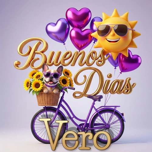 Bicicleta morada con cesta de girasoles y perrito, globos corazón, sol sonriente, nombre grande dorado abajo. Nombre personalizado: Vero.