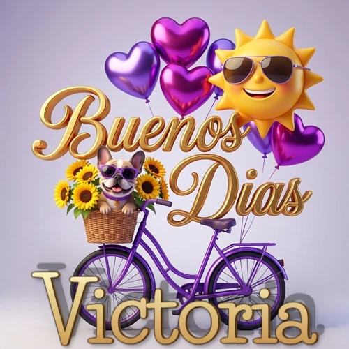 Bicicleta morada con cesta de girasoles y perrito, globos corazón, sol sonriente, nombre grande dorado abajo. Nombre personalizado: Victoria.