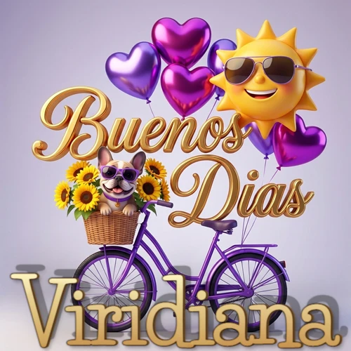 Bicicleta morada con cesta de girasoles y perrito, globos corazón, sol sonriente, nombre grande dorado abajo. Nombre personalizado: Viridiana.