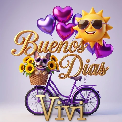 Bicicleta morada con cesta de girasoles y perrito, globos corazón, sol sonriente, nombre grande dorado abajo. Nombre personalizado: Vivi.