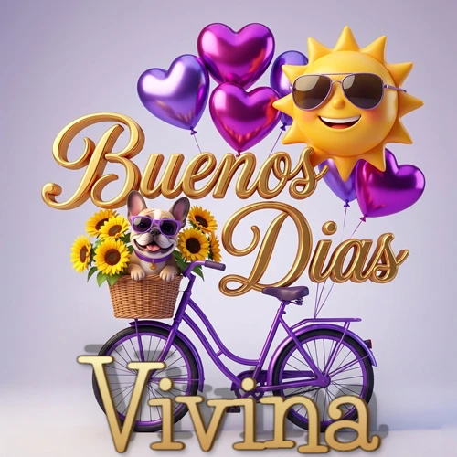 Bicicleta morada con cesta de girasoles y perrito, globos corazón, sol sonriente, nombre grande dorado abajo. Nombre personalizado: Vivina. Bicicleta morada con cesta de girasoles y perrito, globos corazón, sol sonriente, nombre grande dorado abajo. Nombre personalizado: Vivina.