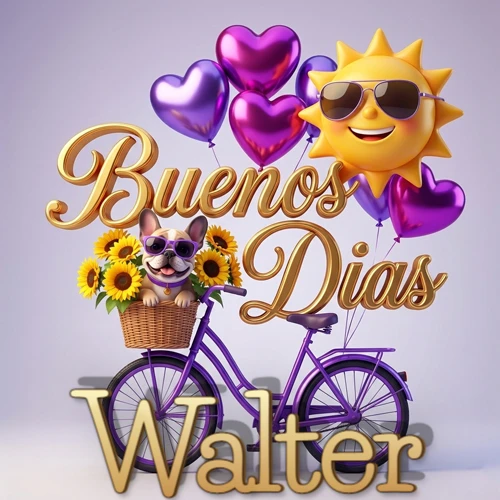 Bicicleta morada con cesta de girasoles y perrito, globos corazón, sol sonriente, nombre grande dorado abajo. Nombre personalizado: Walter.