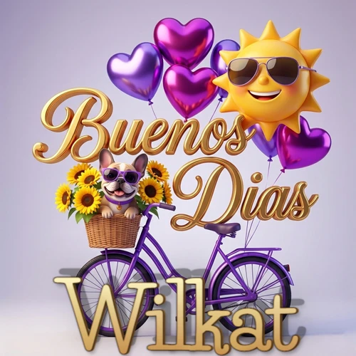 Bicicleta morada con cesta de girasoles y perrito, globos corazón, sol sonriente, nombre grande dorado abajo. Nombre personalizado: Wilkat.