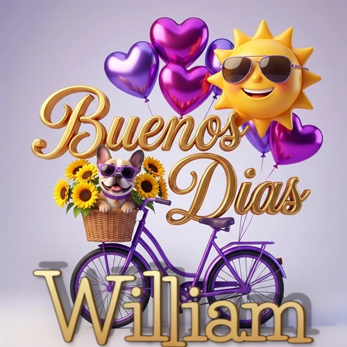 Bicicleta morada con cesta de girasoles y perrito, globos corazón, sol sonriente, nombre grande dorado abajo. Nombre personalizado: William.