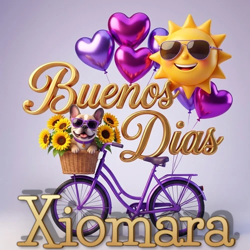 Bicicleta morada con cesta de girasoles y perrito, globos corazón, sol sonriente, nombre grande dorado abajo. Nombre personalizado: Xiomara.