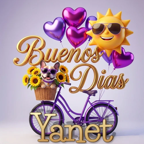 Bicicleta morada con cesta de girasoles y perrito, globos corazón, sol sonriente, nombre grande dorado abajo. Nombre personalizado: Yanet. Bicicleta morada con cesta de girasoles y perrito, globos corazón, sol sonriente, nombre grande dorado abajo. Nombre personalizado: Yanet.