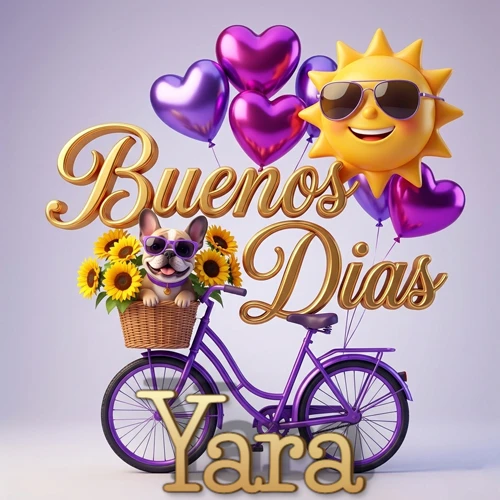 Bicicleta morada con cesta de girasoles y perrito, globos corazón, sol sonriente, nombre grande dorado abajo. Nombre personalizado: Yara.