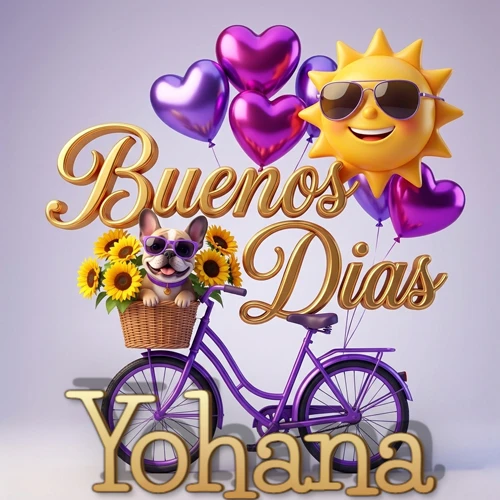 Bicicleta morada con cesta de girasoles y perrito, globos corazón, sol sonriente, nombre grande dorado abajo. Nombre personalizado: Yohana.