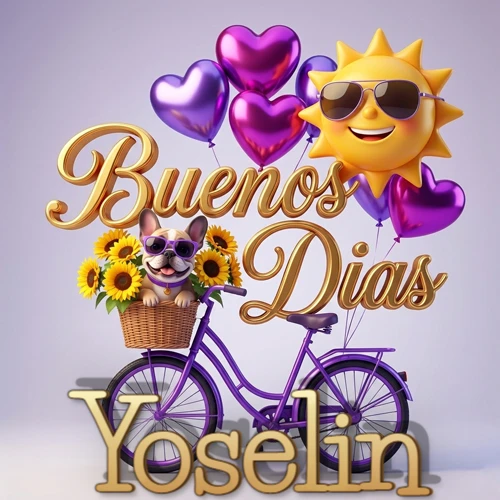 Bicicleta morada con cesta de girasoles y perrito, globos corazón, sol sonriente, nombre grande dorado abajo. Nombre personalizado: Yoselin.