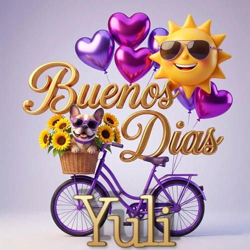 Bicicleta morada con cesta de girasoles y perrito, globos corazón, sol sonriente, nombre grande dorado abajo. Nombre personalizado: Yuli.