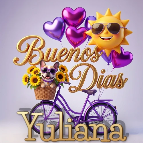 Bicicleta morada con cesta de girasoles y perrito, globos corazón, sol sonriente, nombre grande dorado abajo. Nombre personalizado: Yuliana.