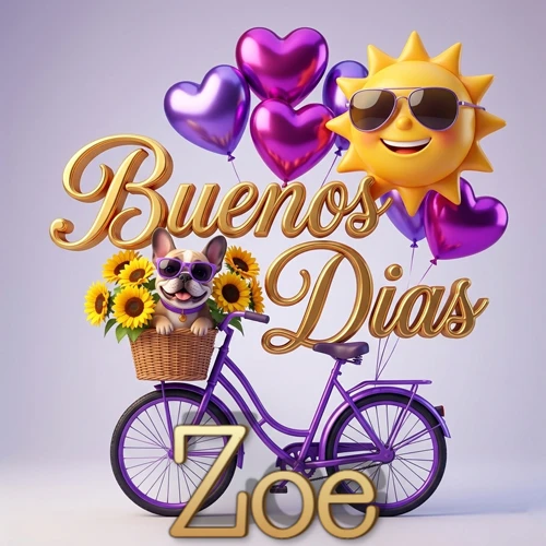 Bicicleta morada con cesta de girasoles y perrito, globos corazón, sol sonriente, nombre grande dorado abajo. Nombre personalizado: Zoe.