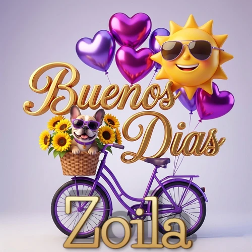Bicicleta morada con cesta de girasoles y perrito, globos corazón, sol sonriente, nombre grande dorado abajo. Nombre personalizado: Zoila.