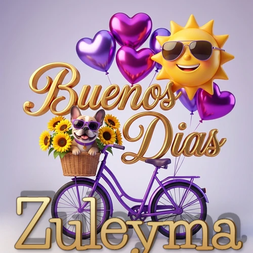 Bicicleta morada con cesta de girasoles y perrito, globos corazón, sol sonriente, nombre grande dorado abajo. Nombre personalizado: Zuleyma. Bicicleta morada con cesta de girasoles y perrito, globos corazón, sol sonriente, nombre grande dorado abajo. Nombre personalizado: Zuleyma.