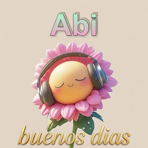 Girasol sonriente con auriculares grandes, pétalos rosados, nombre arriba en cursiva colorida, frase dorada abajo. Nombre personalizado: Abi.