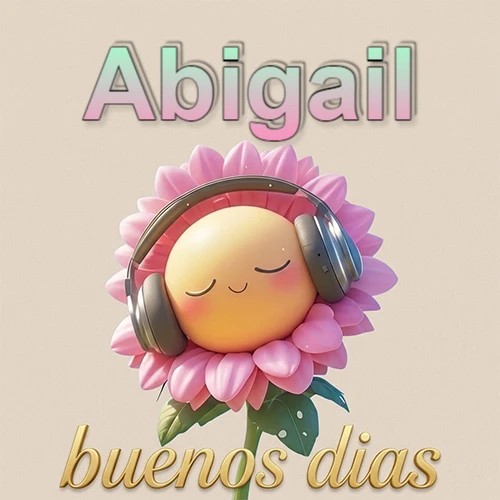 Girasol sonriente con auriculares grandes, pétalos rosados, nombre arriba en cursiva colorida, frase dorada abajo. Nombre personalizado: Abigail.