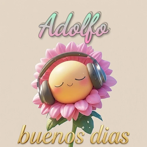 Girasol sonriente con auriculares grandes, pétalos rosados, nombre arriba en cursiva colorida, frase dorada abajo. Nombre personalizado: Adolfo.