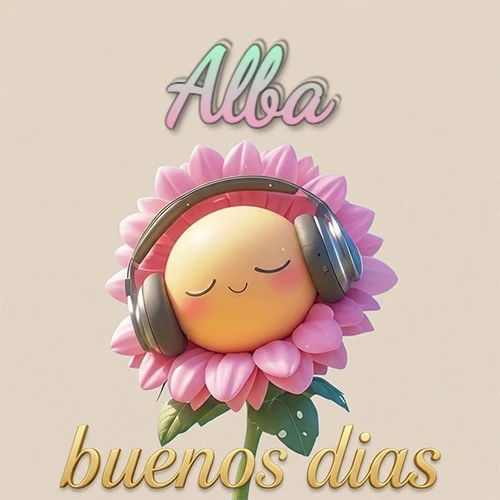 Girasol sonriente con auriculares grandes, pétalos rosados, nombre arriba en cursiva colorida, frase dorada abajo. Nombre personalizado: Alba.