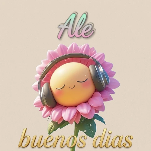 Girasol sonriente con auriculares grandes, pétalos rosados, nombre arriba en cursiva colorida, frase dorada abajo. Nombre personalizado: Ale. Girasol sonriente con auriculares grandes, pétalos rosados, nombre arriba en cursiva colorida, frase dorada abajo. Nombre personalizado: Ale.