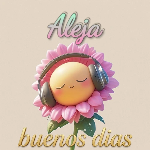 Girasol sonriente con auriculares grandes, pétalos rosados, nombre arriba en cursiva colorida, frase dorada abajo. Nombre personalizado: Aleja.