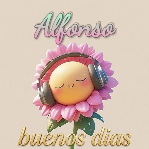 Girasol sonriente con auriculares grandes, pétalos rosados, nombre arriba en cursiva colorida, frase dorada abajo. Nombre personalizado: Alfonso.
