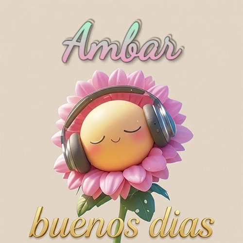Girasol sonriente con auriculares grandes, pétalos rosados, nombre arriba en cursiva colorida, frase dorada abajo. Nombre personalizado: Ambar.