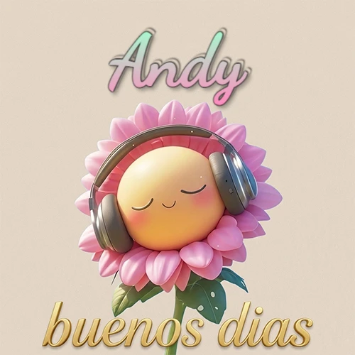 Girasol sonriente con auriculares grandes, pétalos rosados, nombre arriba en cursiva colorida, frase dorada abajo. Nombre personalizado: Andy.