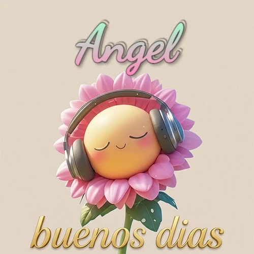 Girasol sonriente con auriculares grandes, pétalos rosados, nombre arriba en cursiva colorida, frase dorada abajo. Nombre personalizado: Angel. Girasol sonriente con auriculares grandes, pétalos rosados, nombre arriba en cursiva colorida, frase dorada abajo. Nombre personalizado: Angel.