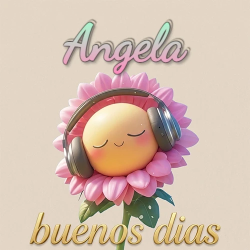 Girasol sonriente con auriculares grandes, pétalos rosados, nombre arriba en cursiva colorida, frase dorada abajo. Nombre personalizado: Angela. Girasol sonriente con auriculares grandes, pétalos rosados, nombre arriba en cursiva colorida, frase dorada abajo. Nombre personalizado: Angela.