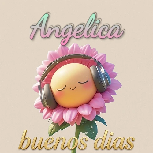 Girasol sonriente con auriculares grandes, pétalos rosados, nombre arriba en cursiva colorida, frase dorada abajo. Nombre personalizado: Angelica.