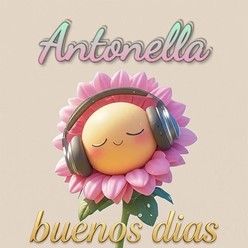 Girasol sonriente con auriculares grandes, pétalos rosados, nombre arriba en cursiva colorida, frase dorada abajo. Nombre personalizado: Antonella.