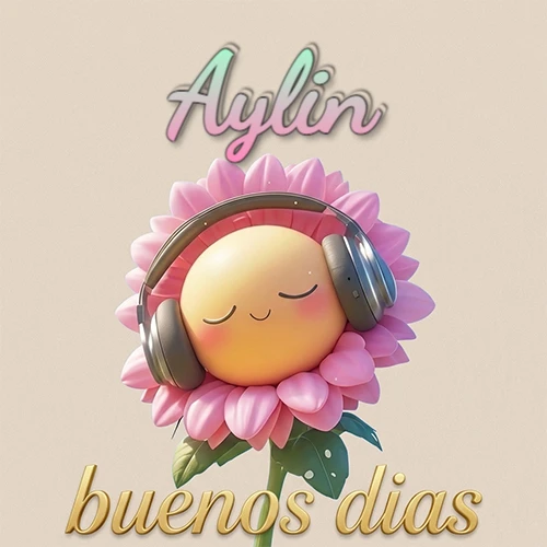 Girasol sonriente con auriculares grandes, pétalos rosados, nombre arriba en cursiva colorida, frase dorada abajo. Nombre personalizado: Aylin.