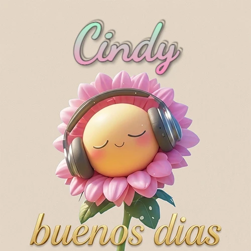Girasol sonriente con auriculares grandes, pétalos rosados, nombre arriba en cursiva colorida, frase dorada abajo. Nombre personalizado: Cindy. Girasol sonriente con auriculares grandes, pétalos rosados, nombre arriba en cursiva colorida, frase dorada abajo. Nombre personalizado: Cindy.