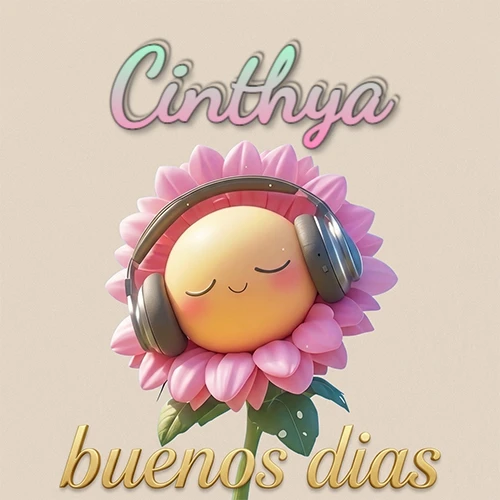 Girasol sonriente con auriculares grandes, pétalos rosados, nombre arriba en cursiva colorida, frase dorada abajo. Nombre personalizado: Cinthya. Girasol sonriente con auriculares grandes, pétalos rosados, nombre arriba en cursiva colorida, frase dorada abajo. Nombre personalizado: Cinthya.