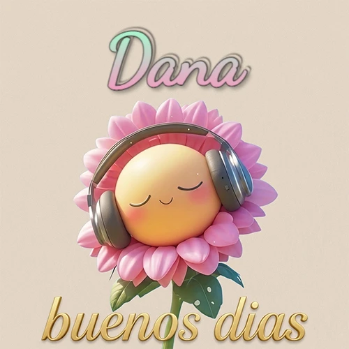 Girasol sonriente con auriculares grandes, pétalos rosados, nombre arriba en cursiva colorida, frase dorada abajo. Nombre personalizado: Dana. Girasol sonriente con auriculares grandes, pétalos rosados, nombre arriba en cursiva colorida, frase dorada abajo. Nombre personalizado: Dana.