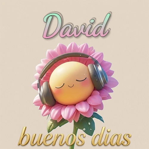 Girasol sonriente con auriculares grandes, pétalos rosados, nombre arriba en cursiva colorida, frase dorada abajo. Nombre personalizado: David. Girasol sonriente con auriculares grandes, pétalos rosados, nombre arriba en cursiva colorida, frase dorada abajo. Nombre personalizado: David.