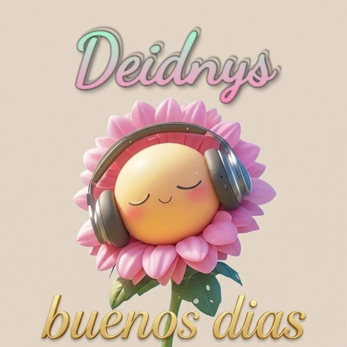 Girasol sonriente con auriculares grandes, pétalos rosados, nombre arriba en cursiva colorida, frase dorada abajo. Nombre personalizado: Deidnys. Girasol sonriente con auriculares grandes, pétalos rosados, nombre arriba en cursiva colorida, frase dorada abajo. Nombre personalizado: Deidnys.