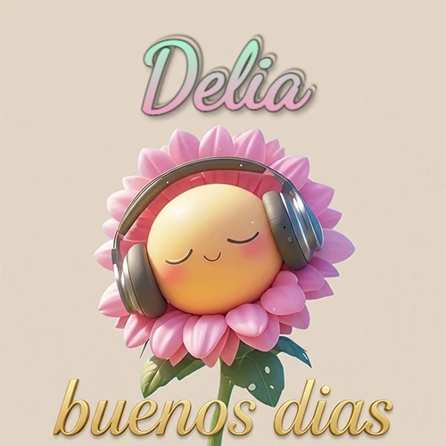 Girasol sonriente con auriculares grandes, pétalos rosados, nombre arriba en cursiva colorida, frase dorada abajo. Nombre personalizado: Delia. Girasol sonriente con auriculares grandes, pétalos rosados, nombre arriba en cursiva colorida, frase dorada abajo. Nombre personalizado: Delia.